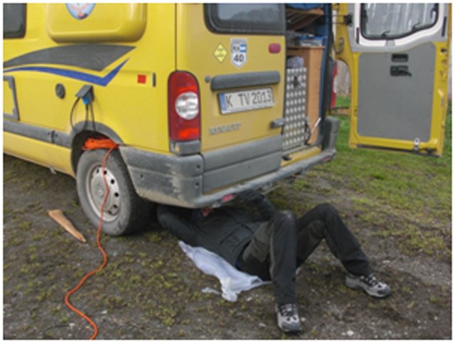 Tim beim "Reparieren" des Campervans © Tim Voges